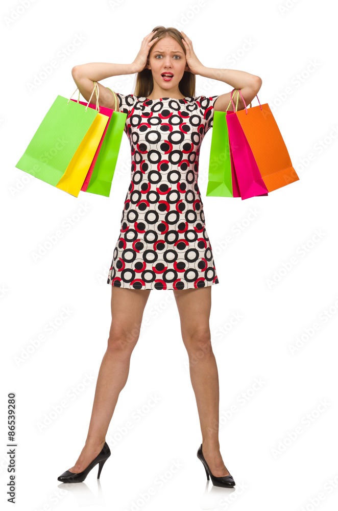Young woman with plastic bags isolated on white