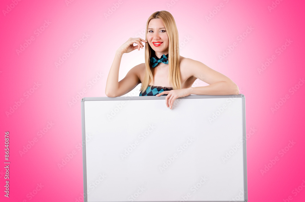 Woman with blank board against the gradient Woman with blank board against the gradient