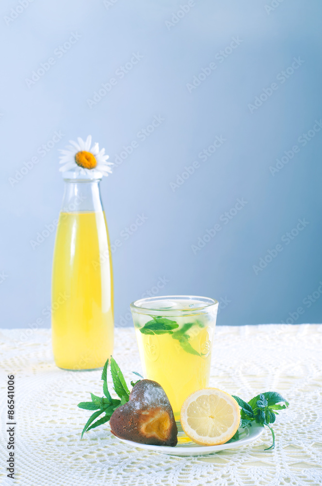 Fototapeta premium Fresh cold lemonade with mint leaves and cookies