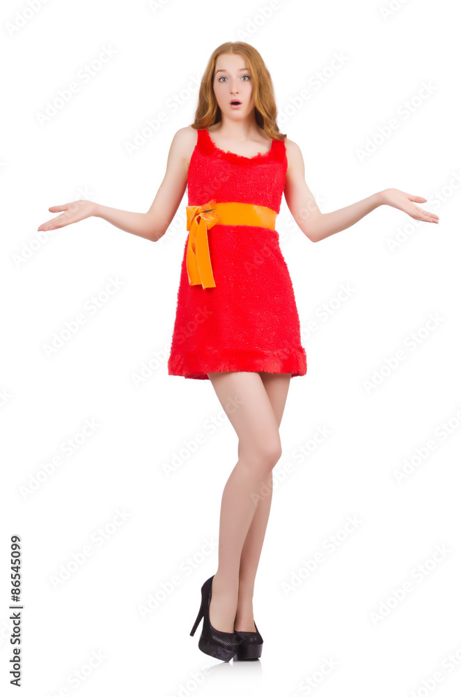 Shocked young nice girl in red dress isolated on white Shocked young nice girl in red dress isolated on white