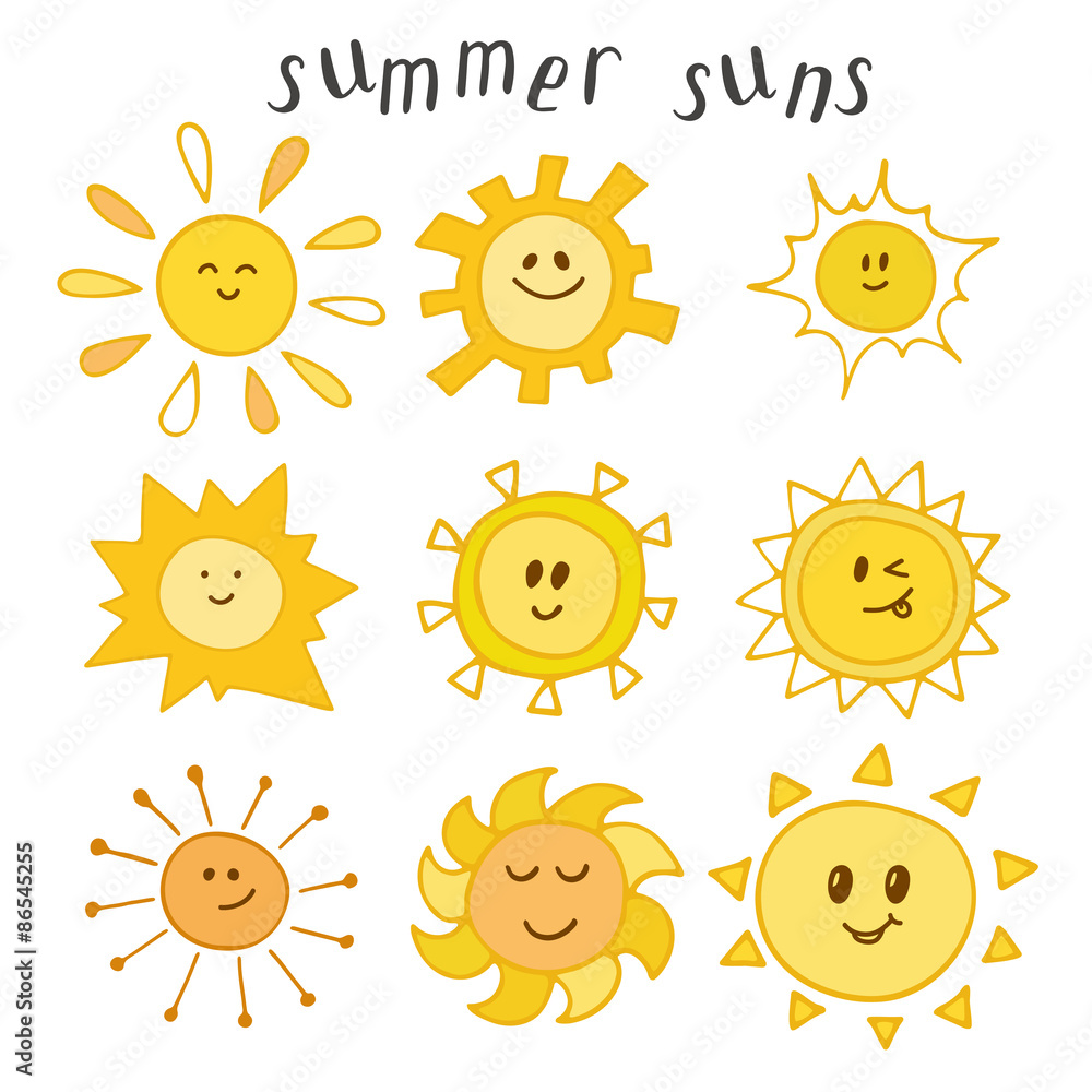 Set of cute summer suns. Hand drawn smiley suns