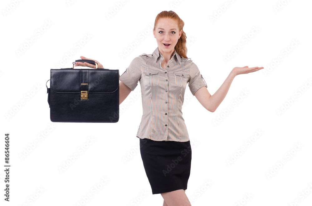 Pretty young employee with briefcase isolated on white Pretty young employee with briefcase isolated on white