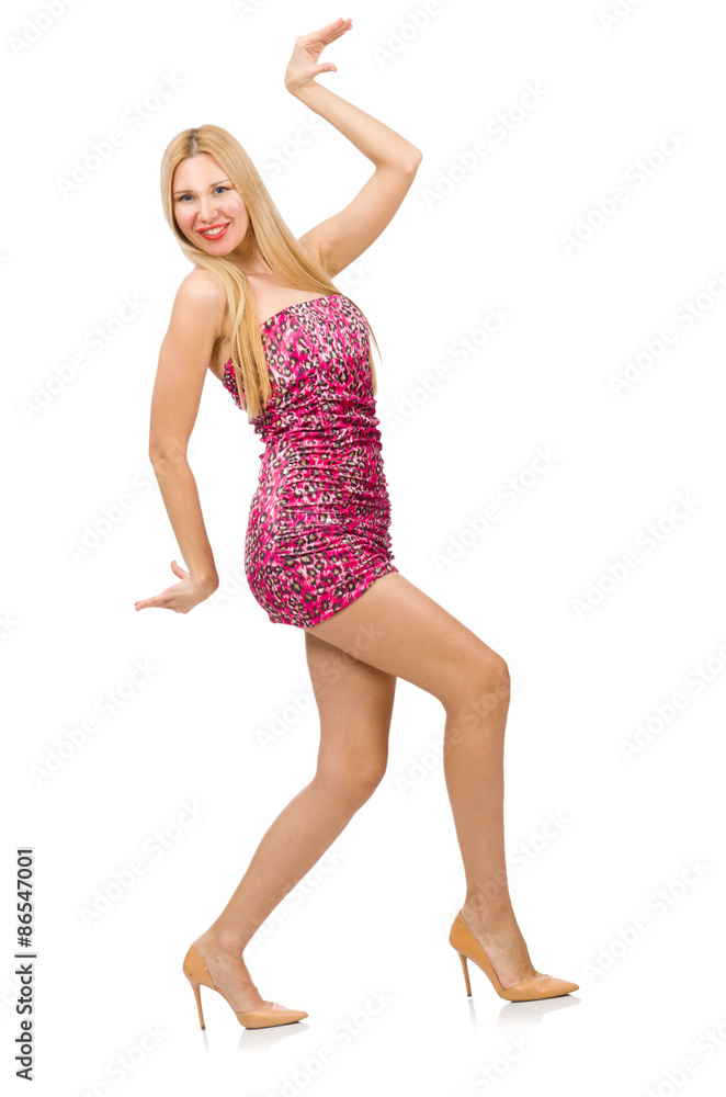 Young woman in strapless dress isolated on white Young woman in strapless dress isolated on white