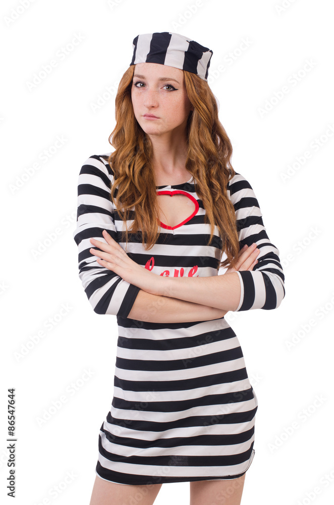Pretty girl in prisoner uniform isolated on white Pretty girl in prisoner uniform isolated on white