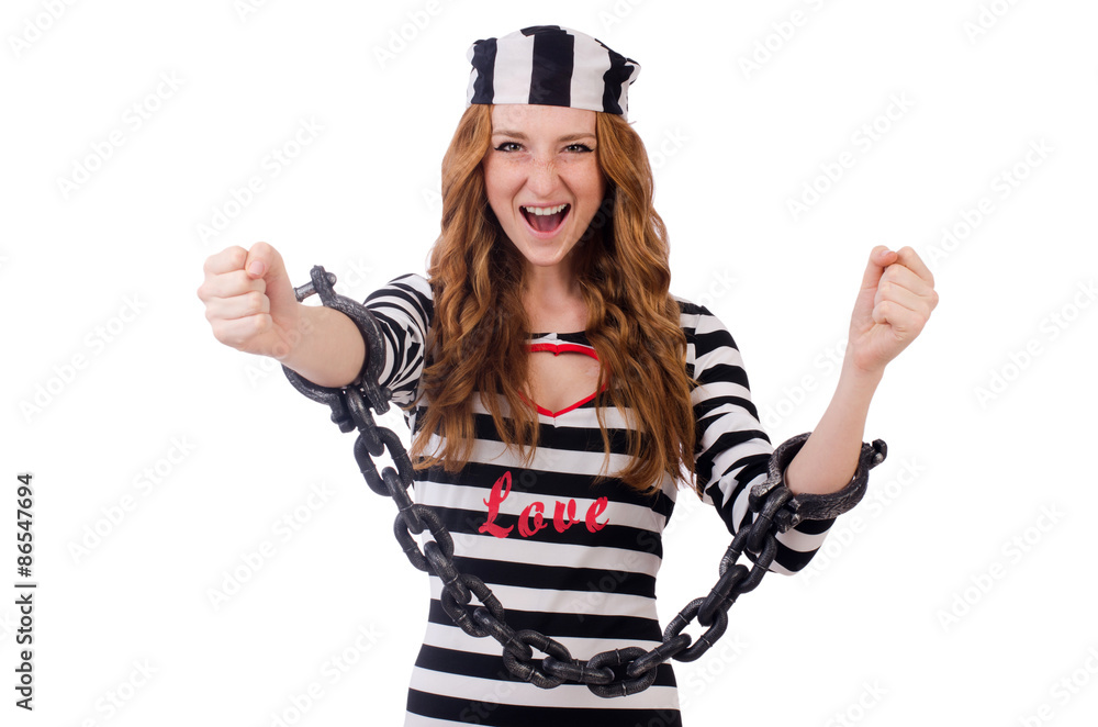Pretty girl in prisoner uniform isolated on white Pretty girl in prisoner uniform isolated on white