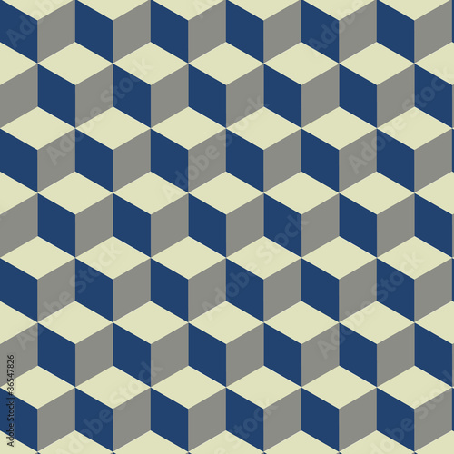 3D Cube on blue, yellow and cream pattern