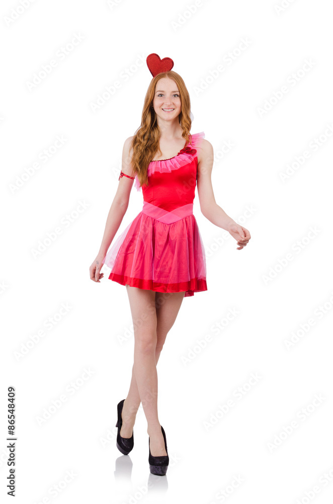 Pretty young model in mini pink dress isolated on white Pretty young model in mini pink dress isolated on white