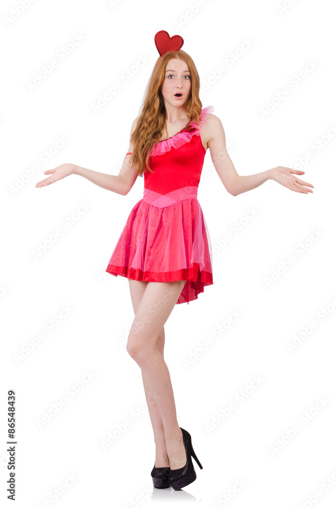 Pretty young model in mini pink dress isolated on white Pretty young model in mini pink dress isolated on white