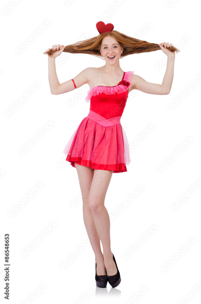 Pretty young model in mini pink dress isolated on white Pretty young model in mini pink dress isolated on white