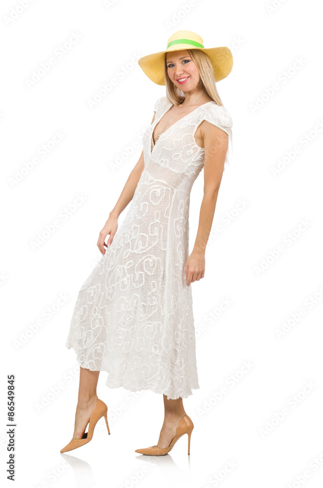 Woman in long summer dress and hat isolated on white Woman in long summer dress and hat isolated on white