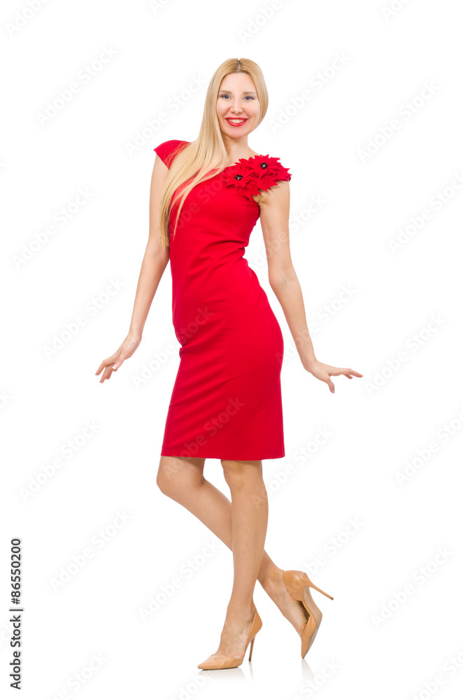 Blond woman in scarlet dress isolated on white Blond woman in scarlet dress isolated on white