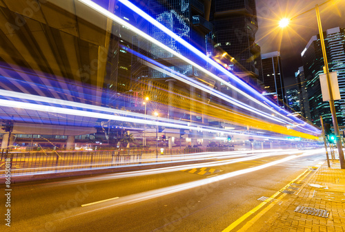 Car light trails and urban landscape in Hong Kong