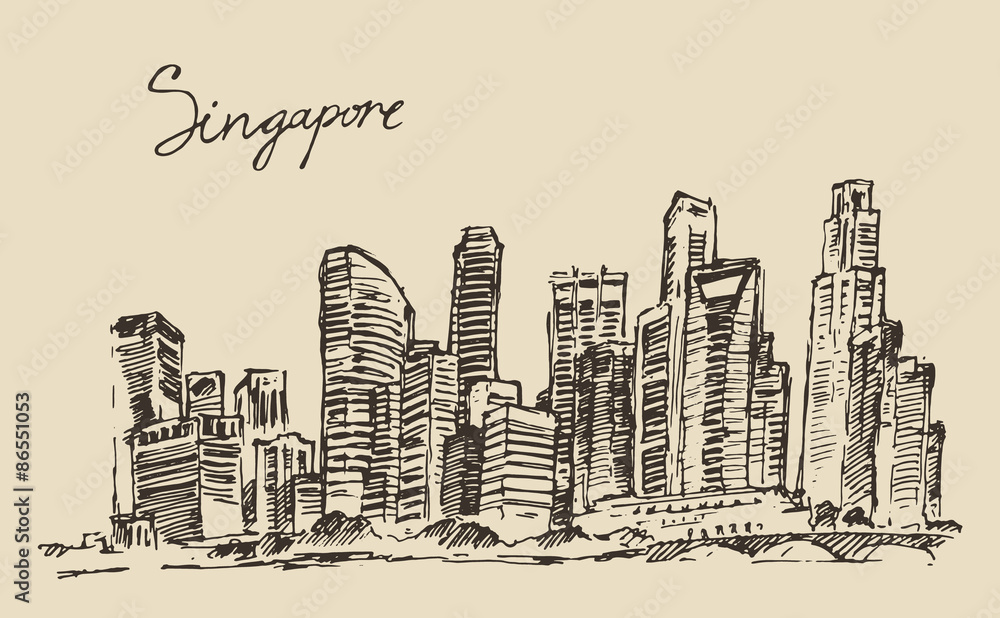 Naklejka premium Singapore architecture hand drawn sketch