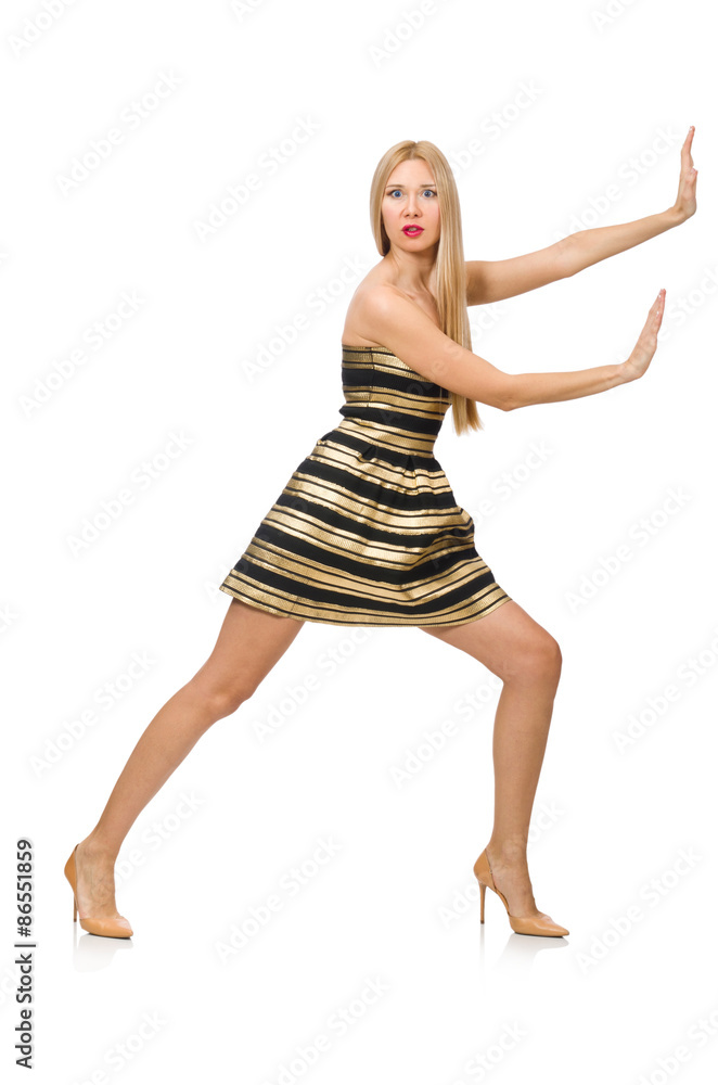 Beautiful girl in gold and black dress isolated on white