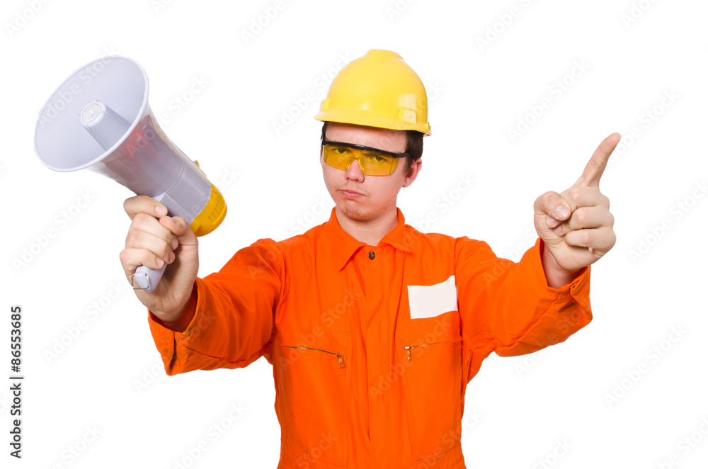 Builder with loudspeaker isolated on white Builder with loudspeaker isolated on white