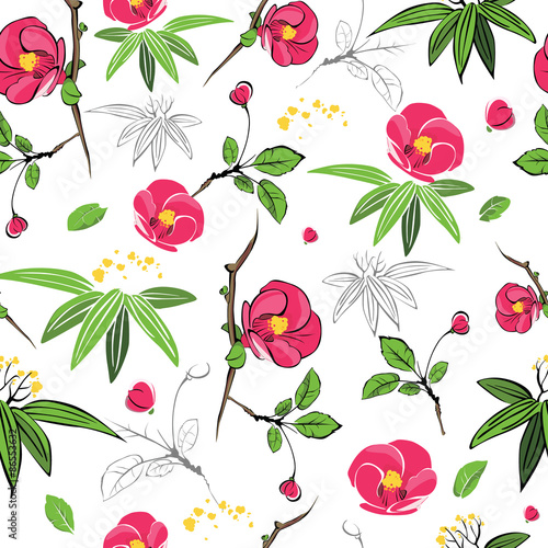 Vector Magenta Green Kimono Flowers Seamless Pattern