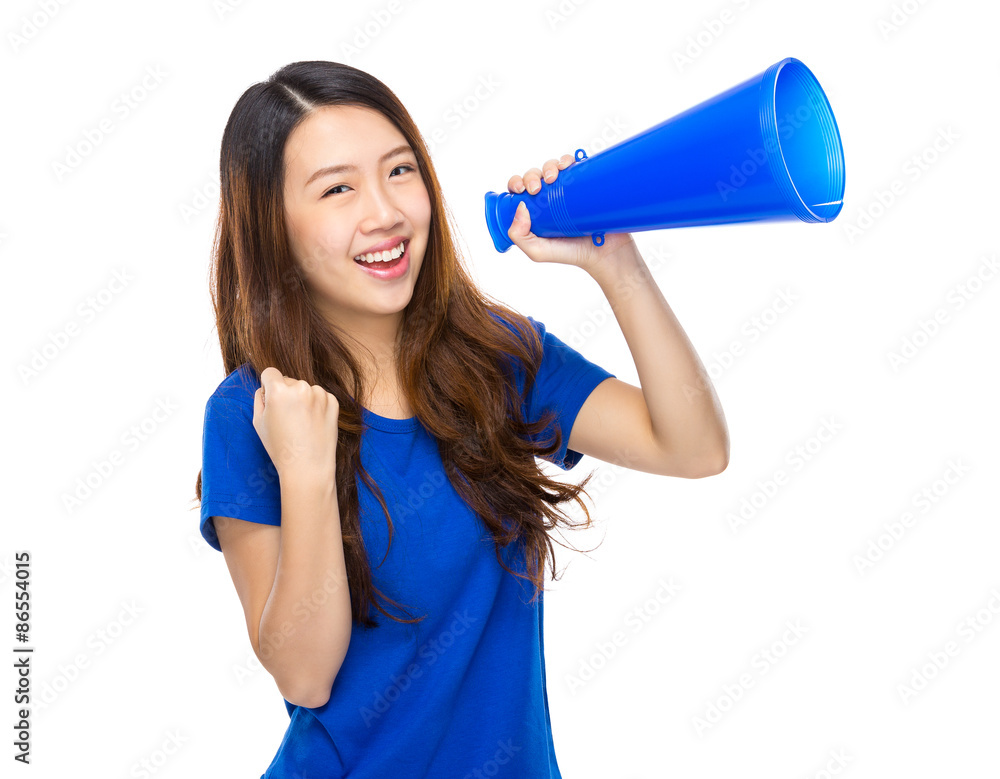 Excited Young student shout with loud speaker Excited Young student shout with loud speaker