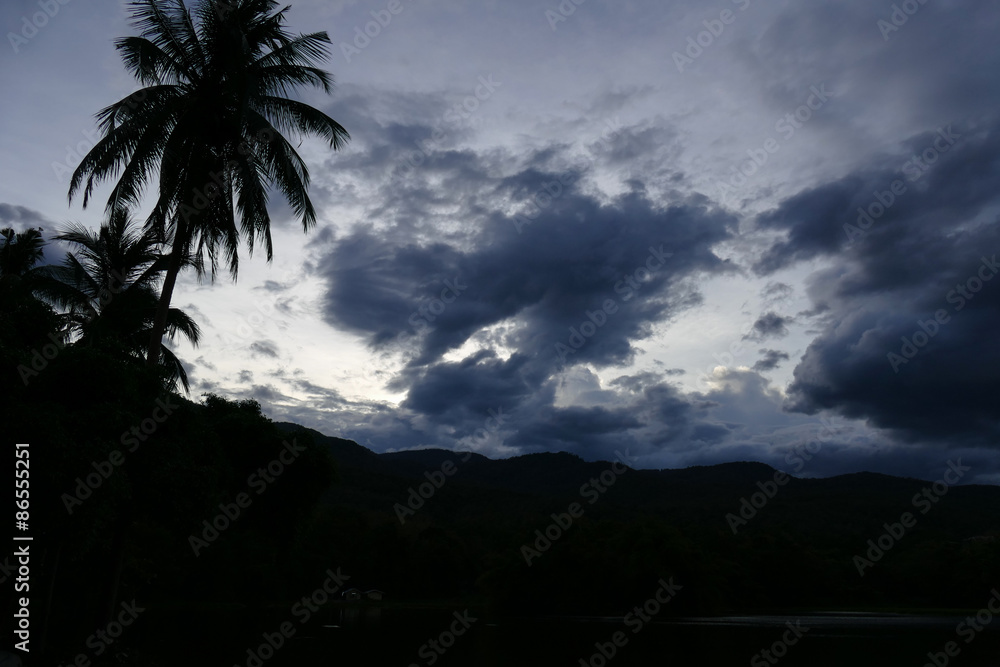 silhouette of coconut tree and mountain with cloud and sky at du