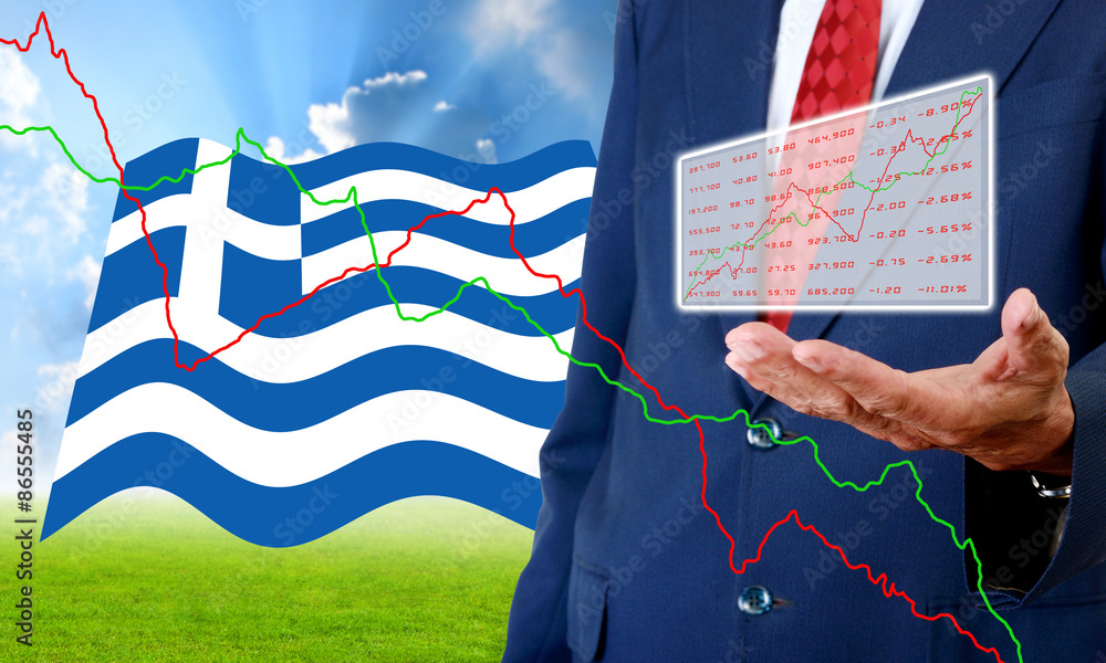 Naklejka premium Analyzer carry stock market data in hand, Financial Crisis in Gr