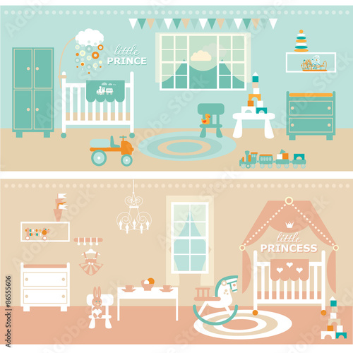 Baby girl/boy shower greetng cards in four colours design. Flat style vector illustration.