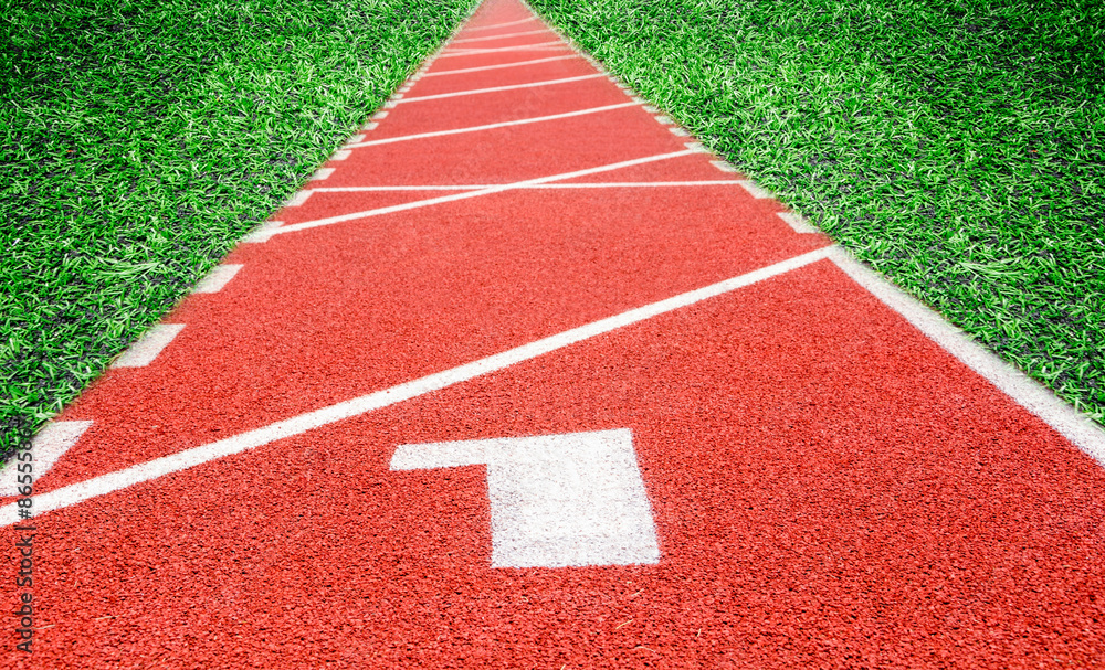 Start track. Lanes 1 number one on red racing track. Start track. Lanes 1 number one on red racing track.