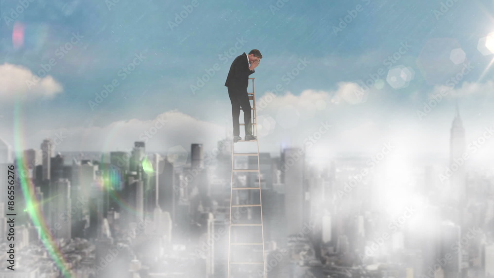 Businessman on ladder looking down on city background Businessman on ladder looking down on city background