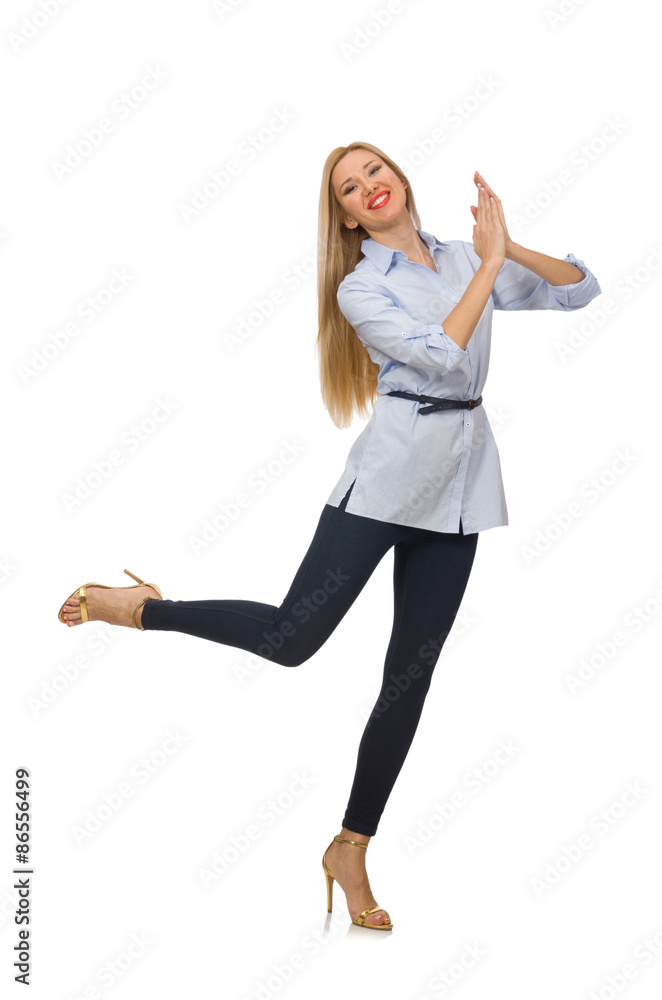 Woman in blue blouse isolated on white Woman in blue blouse isolated on white
