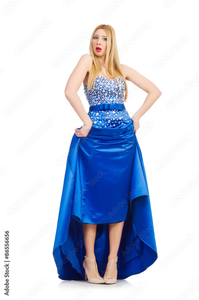 Woman in pretty blue evening dress isolated on white