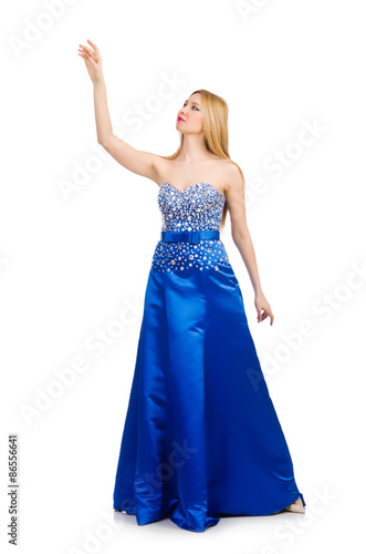 Woman in pretty blue evening dress isolated on white