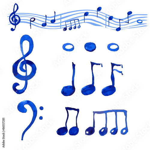 Watercolor blue  musical notes set.