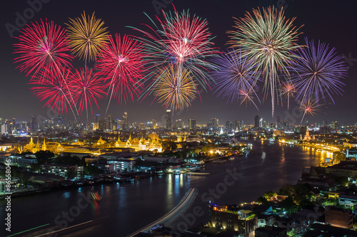 Grand palace and Bangkok City with Colorful Fireworks, Thailand