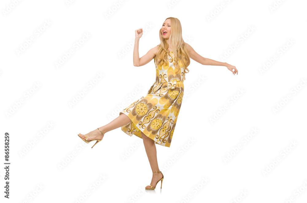Pretty girl in yellow floral dress isolated on white Pretty girl in yellow floral dress isolated on white