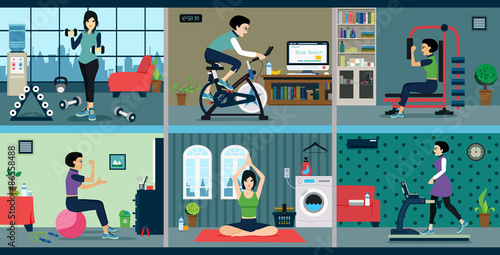 Woman exercise with exercise machines at home.