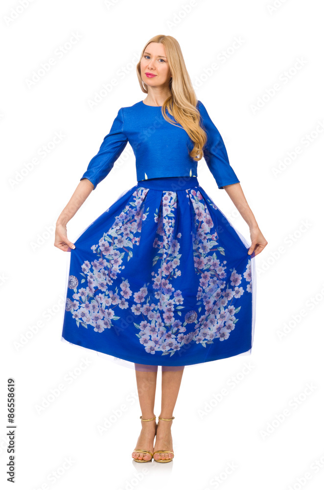 Woman in blue dress with flower prints isolated on white Woman in blue dress with flower prints isolated on white