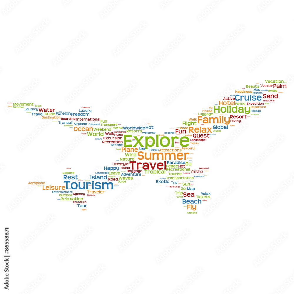 Conceptual lifestyle travel or tourism plane word claud