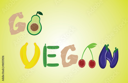 Title go vegan folded from fruit and vegetables on yellow green background