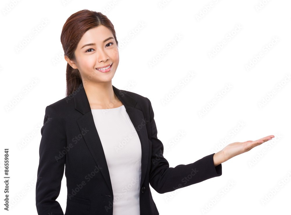 Businesswoman with hand showing the bank sign Businesswoman with hand showing the bank sign
