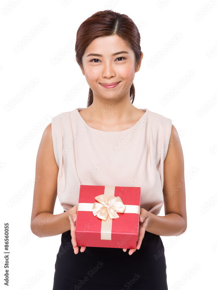Young woman holding with gift box Young woman holding with gift box