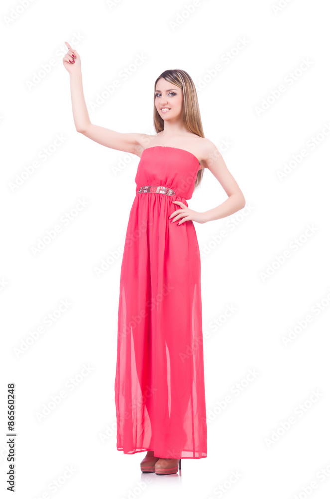 Beautiful girl in pink long dress isolated on white