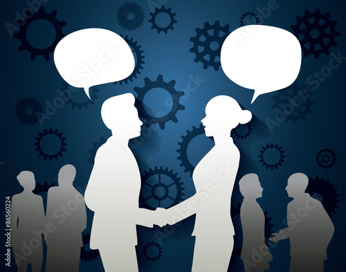  Businessman and businesswoman talking with blank speech