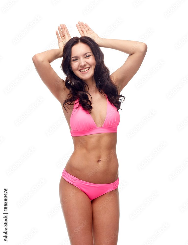 happy young woman in pink bikini swimsuit happy young woman in pink bikini swimsuit