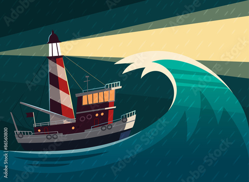 Tugboat during the storm with lighthouse on it. Vector illustration.