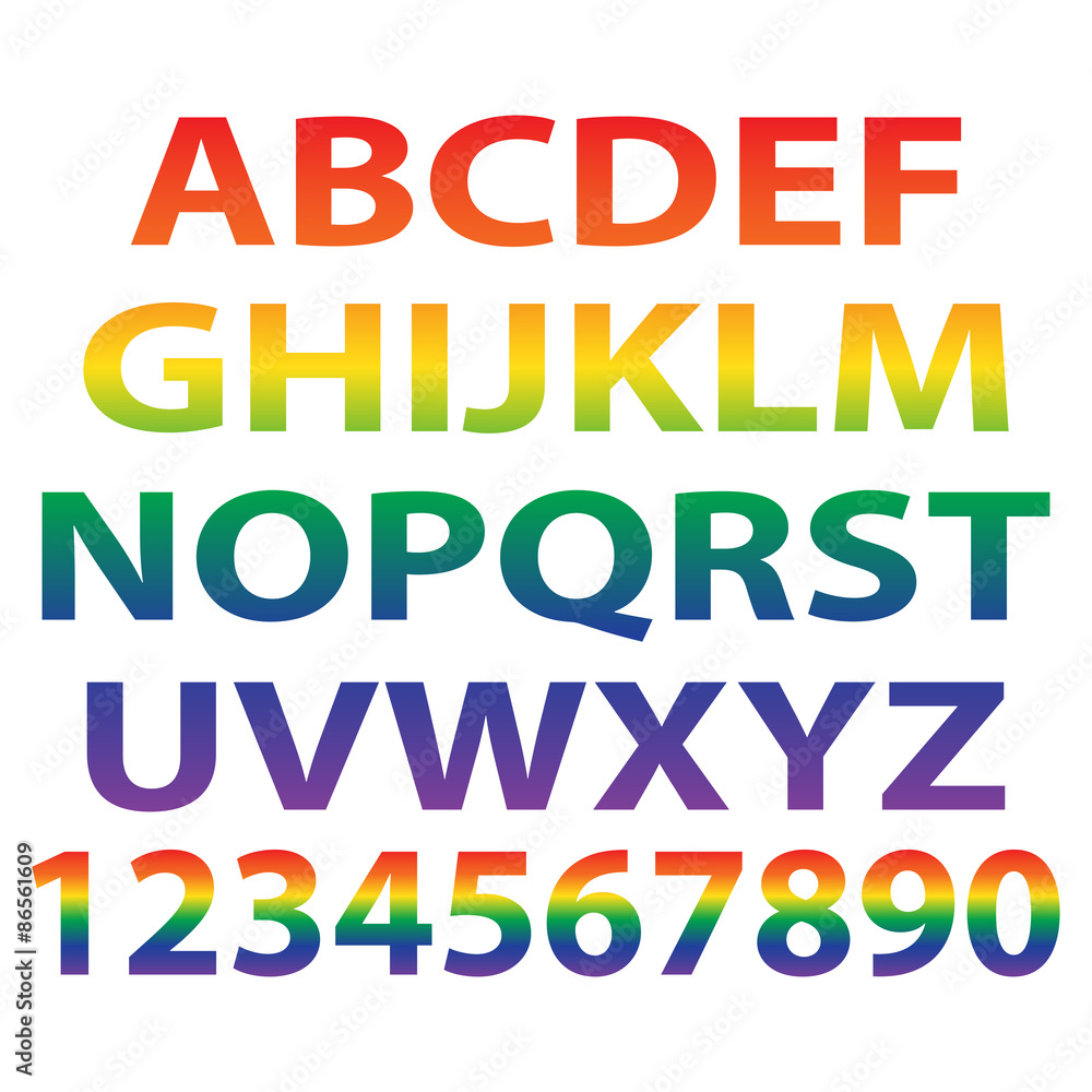 rainbow color typography design, fonts and numbers