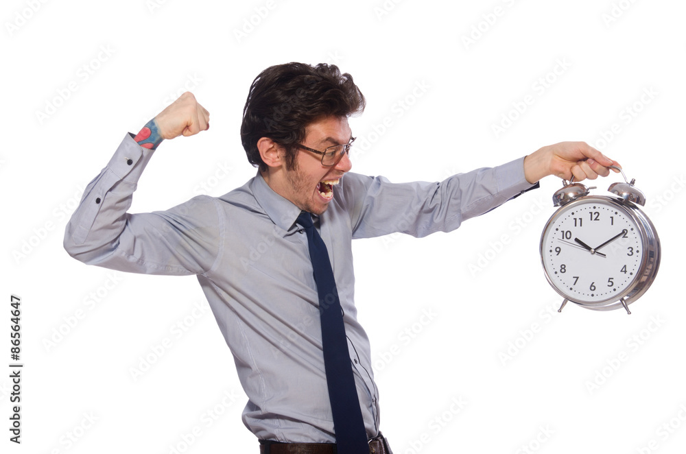 Young businessman with clock isolated on white Young businessman with clock isolated on white