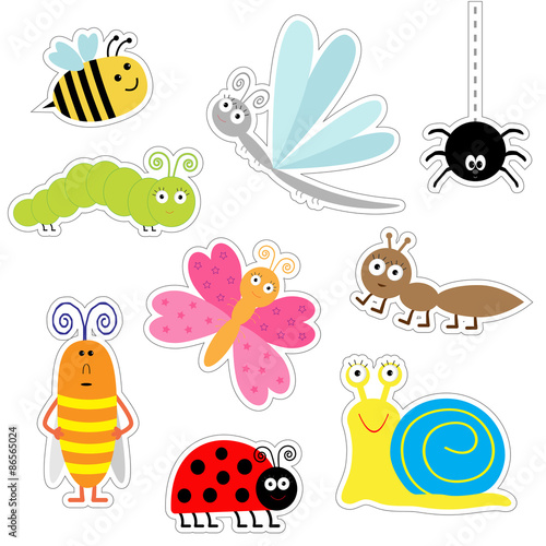 Cute cartoon insect sticker set. Ladybug, dragonfly, butterfly, caterpillar, ant, spider, cockroach, snail. Isolated. Flat design