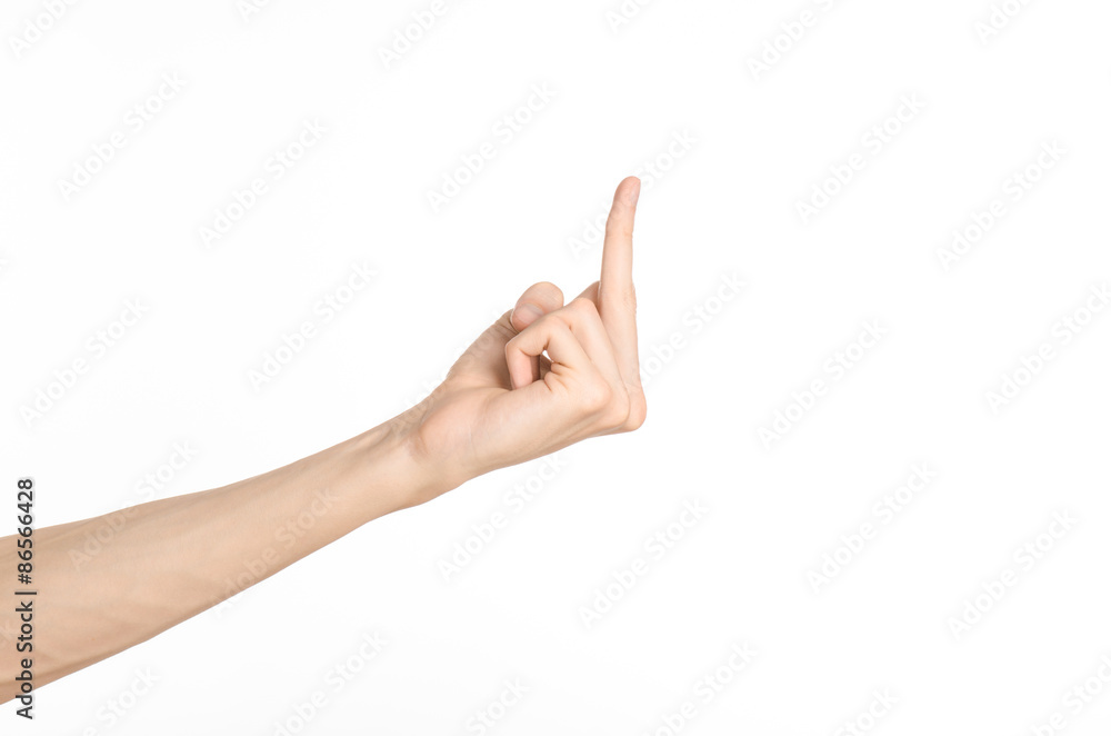Hand gestures theme: the human hand shows gestures isolated on white background in studio Hand gestures theme: the human hand shows gestures isolated on white background in studio
