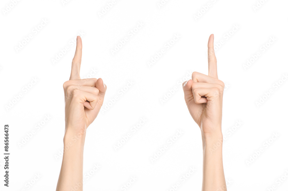 Hand gestures theme: the human hand shows gestures isolated on white background in studio Hand gestures theme: the human hand shows gestures isolated on white background in studio