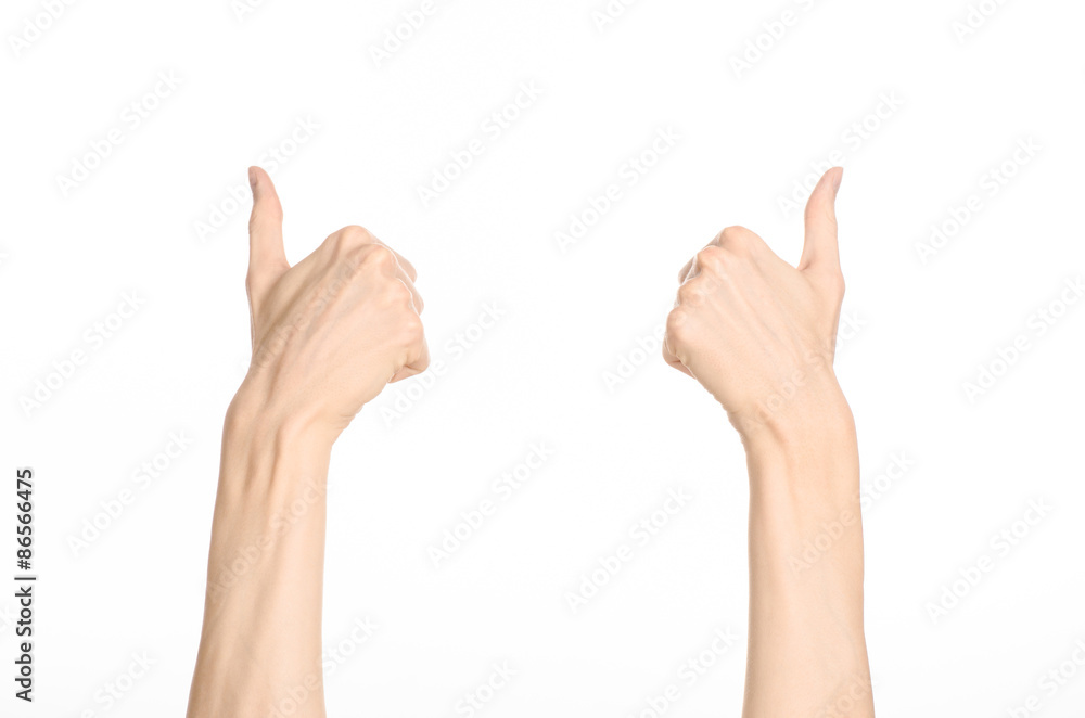 Hand gestures theme: the human hand shows gestures isolated on white background in studio Hand gestures theme: the human hand shows gestures isolated on white background in studio