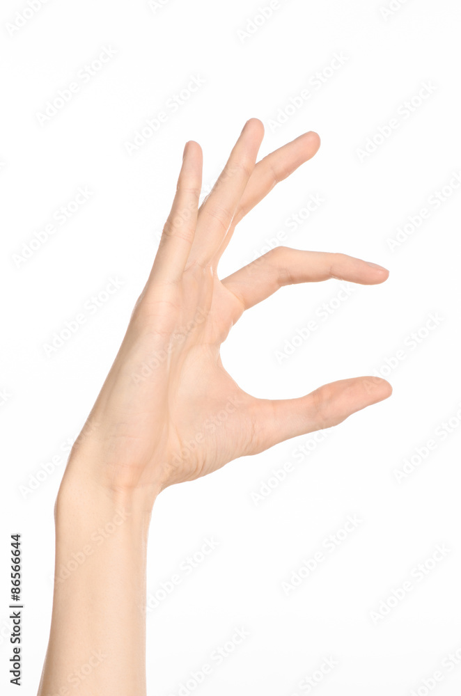 Hand gestures theme: the human hand shows gestures isolated on white background in studio Hand gestures theme: the human hand shows gestures isolated on white background in studio