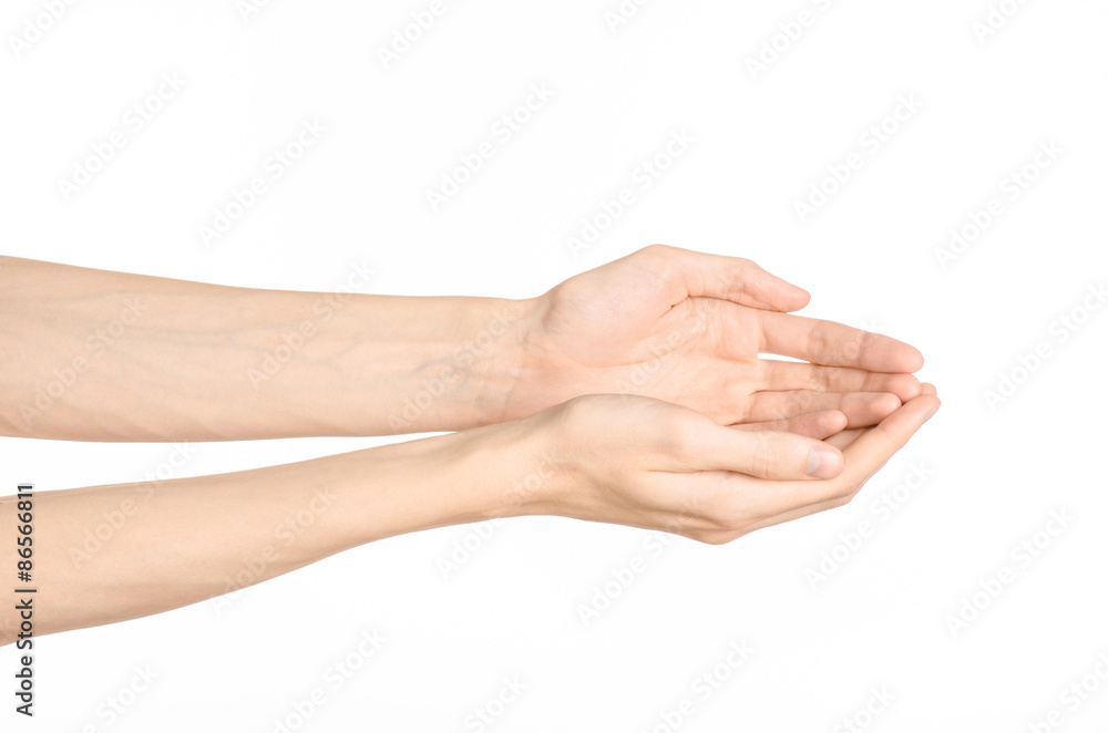 Hand gestures theme: the human hand shows gestures isolated on white background in studio Hand gestures theme: the human hand shows gestures isolated on white background in studio